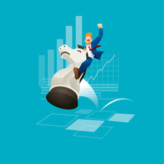 Vector of a businessman riding on a hopping chess knight. He raised his one arm to show his success.