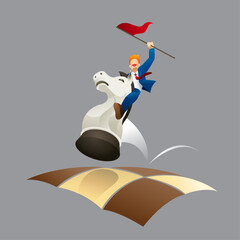 Vector of a businessman riding on a hopping chess knight. He raised his one arm to show his success.