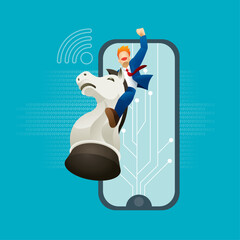 Vector of a businessman riding on a hopping chess knight. He raised his one arm to show his success.