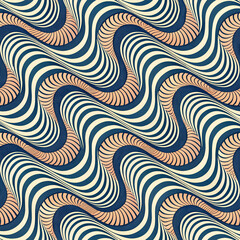 Abstract wavy lines pattern with optical illusion in navy and beige colors