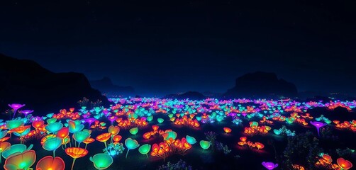 Glowing flora illuminates a bioluminescent alien landscape at night,  glowing,  purple