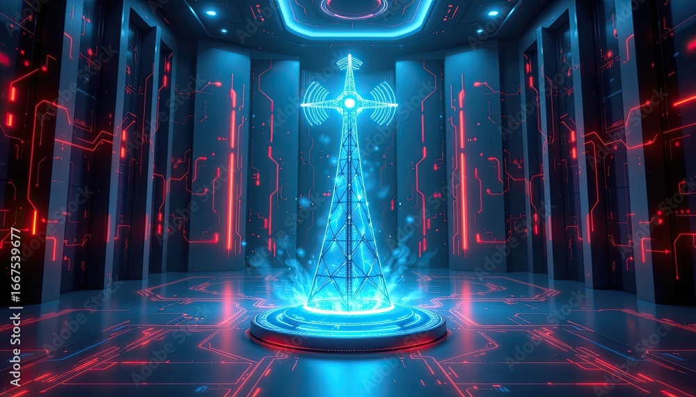 Poster futuristic digital sanctuary with glowing electrical tower surrounded by neon circuit patterns and i