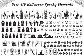 Halloween Bundle. Over 180 Spooky Elements. Silhouette Set collection for Halloween.