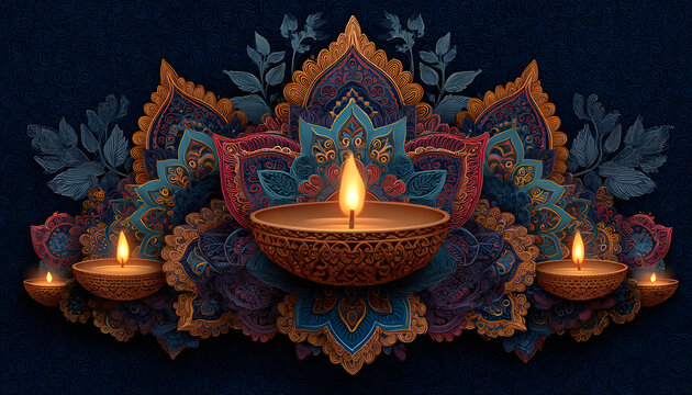 Traditional Indian festival Diwali. Happy Festival o lights Deepavali Templatebanner, poster, greeting crd Festive Burning diya grphic design background Vecor abstract flat illustraton