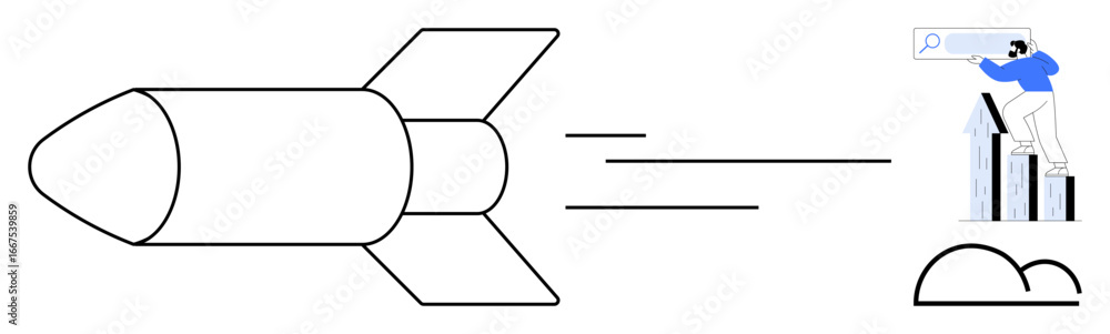 Poster rocket moving forward signifies speed and progress. person atop arrows with search bar implies succe