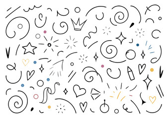A collection of hand drawn marker line art icons featuring artistic brush strokes and creative elements in a vibrant color palette suitable for various design projects