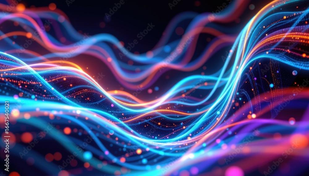 Poster vibrant abstract waves of light and color forming dynamic patterns in a futuristic background