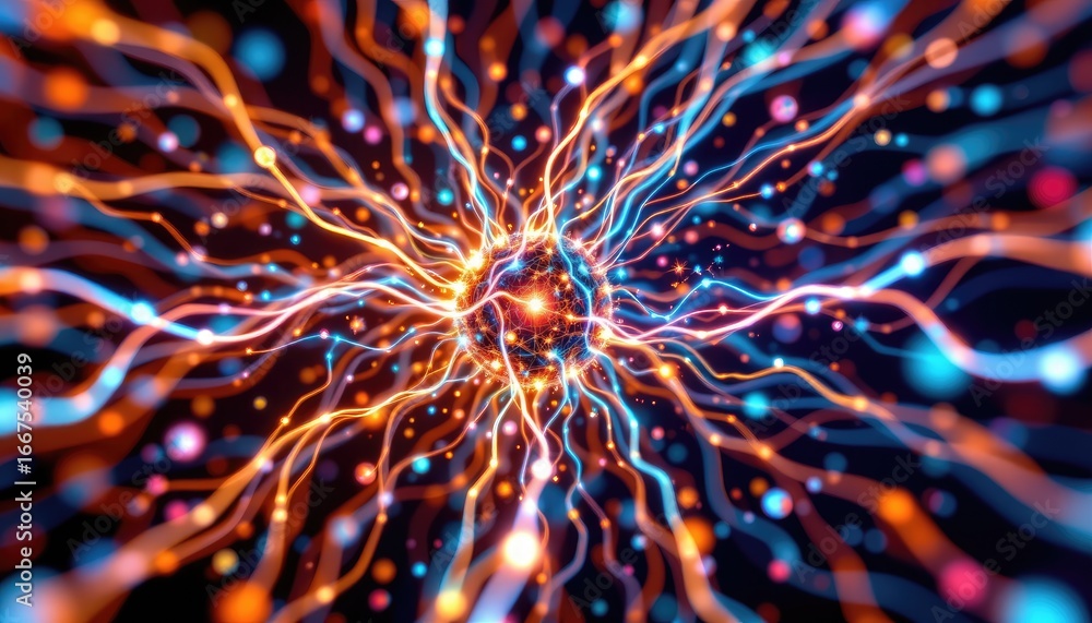 Poster abstract representation of energy flow and light particles in a digital space