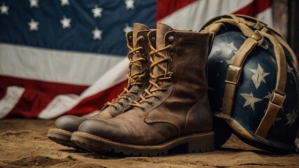 A pair of brown leather boots and a helmet with the american flag in the background on brown ground