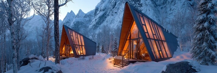 Two A-frame cabins nestled in snowy mountain forest