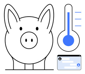 Piggy bank outlines financial savings, thermometer indicates fundraising progress, chat window adds user interaction. Ideal for personal finance, budgeting, crowdfunding, fintech, donation campaigns