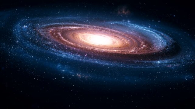 A beautiful and majestic spiral galaxy, spinning in the dark, star-filled expanse of space. The center of the galaxy shines brightly with golden yellow and orange hues.