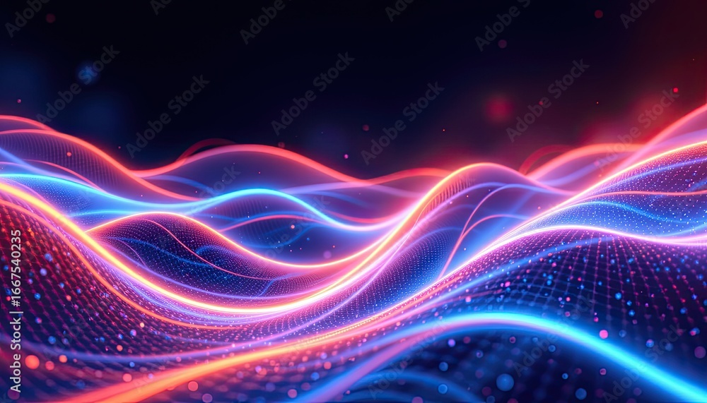 Poster vibrant abstract waves with colorful light effects in digital space design for background or technol