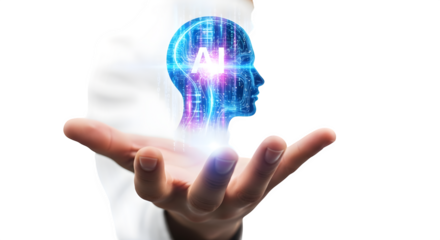 Artificial intelligence concept with digital human head in hand