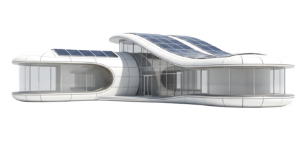 Modern futuristic house with solar panels and curved architecture