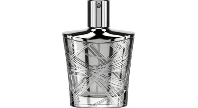 Elegant silver perfume bottle with abstract line design