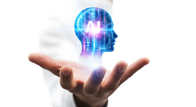 Artificial intelligence concept with digital human head in hand