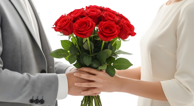 Man giving a bouquet of red roses to a woman in a white dress - Powered by Adobe