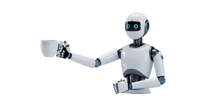 Futuristic robot offering a cup of coffee in a friendly gesture