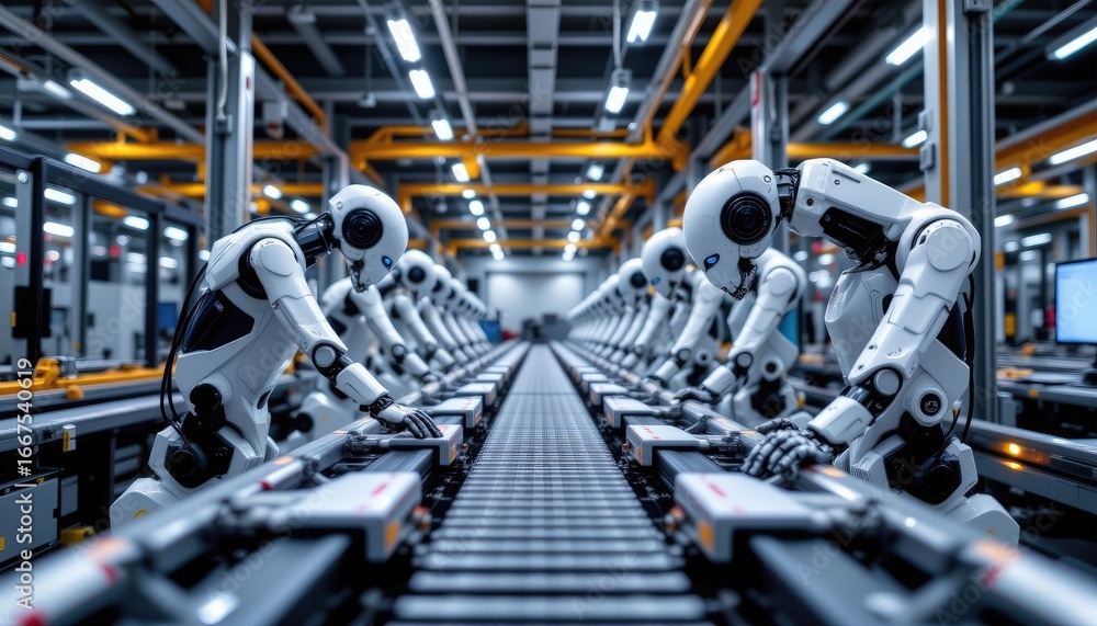 Poster advanced robotics in a modern factory assembly line with automated machines and high-tech environmen