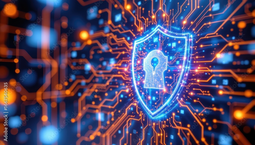 Poster digital data security concept with shield and keyhole symbolizing cyber protection in modern technol