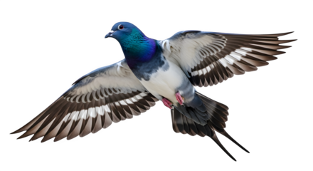 Pigeon in flight with wings spread against a