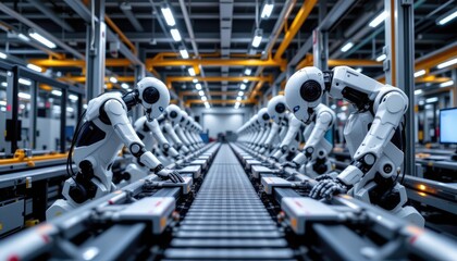 Advanced Robotics in a Modern Factory Assembly Line with Automated Machines and High-Tech Environment