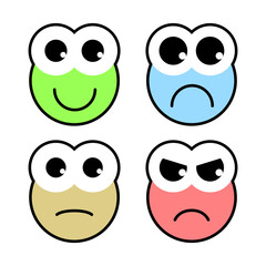 Unique cartoon emoji faces with big round eyes, each expressing different human emotions in a playful, exaggerated style. The yellow emoticons feature oversized eyes that make them stand out