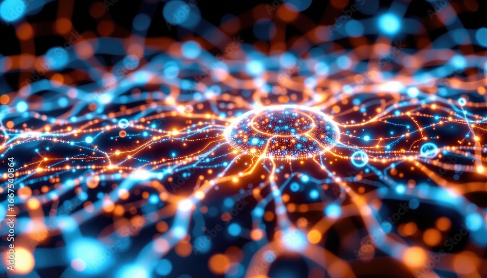 Poster abstract visual representation of interconnected networks and glowing nodes in vibrant colors of blu