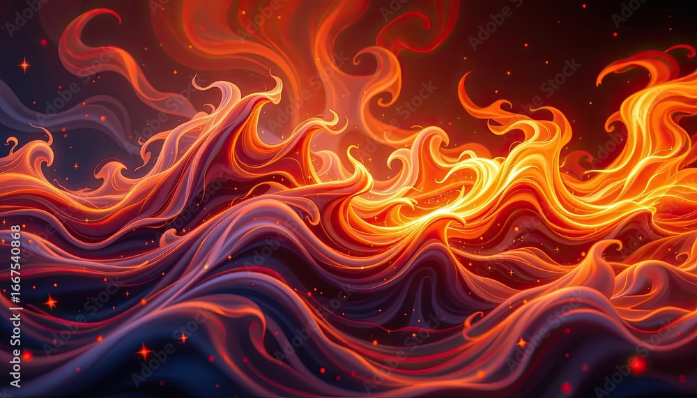 Poster abstract waves of fiery red and orange colors with fluid movement and dynamic patterns in a deep bac