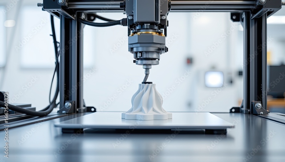Poster advanced 3d printer producing intricate white prototype in modern workshop environment with focus on