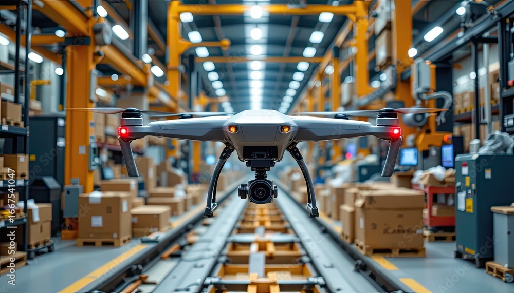 Poster drone in action inside a modern warehouse with sorting systems and cardboard boxes in background