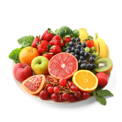 A vibrant plate of fresh fruits, including strawberries, grapes, oranges, and bananas, arranged in a colorful display.