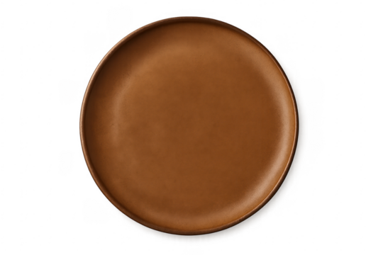 Empty brown ceramic plate on transparent background, top view