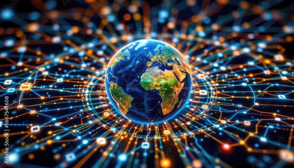 Poster global network visualization with earth and connecting lines representing data transmission and comm