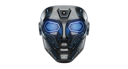 Futuristic robot face with glowing blue eyes