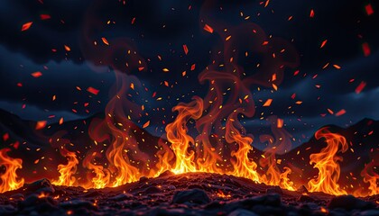 Captivating Flames Erupting from Volcanic Landscape with Glowing Embers in a Dramatic Night Sky
