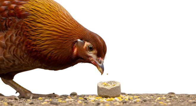 Chicken pecking at food pellet on the ground in a farm setting