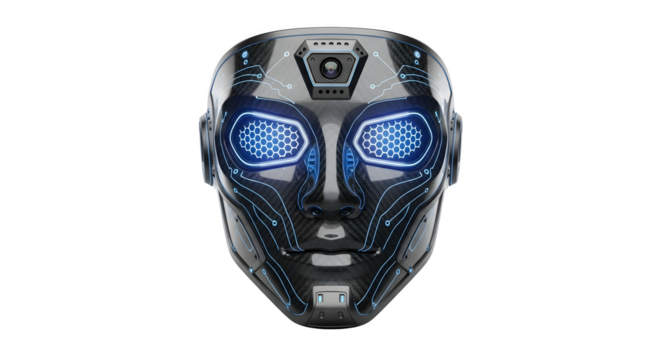 Futuristic robot face with glowing blue eyes