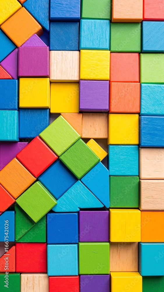 Poster a vibrant assortment of colorful wooden blocks arranged in a playful pattern, showcasing various sha