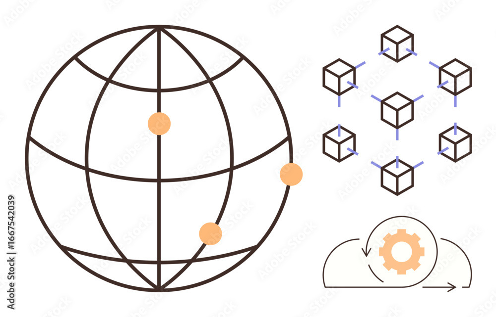 Poster circular globe with connected points, blockchain cubes linked in a network, and cloud computing gear