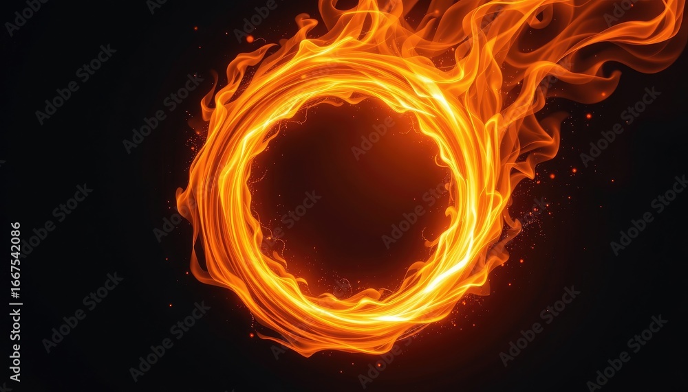 Poster vibrant circular flame ring creating a dynamic fire spiral on a dark background for background and d