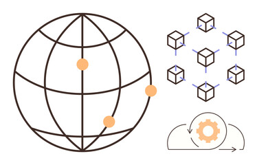 Circular globe with connected points, blockchain cubes linked in a network, and cloud computing gear icon. Ideal for technology, blockchain, global network, digital processes, cloud computing, data