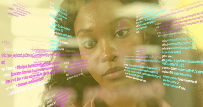 Software engineer tilting head scanning transparent code overlay after lines sliding in to review