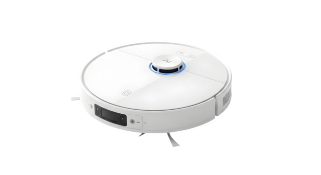 Modern white robotic vacuum cleaner shot in studio