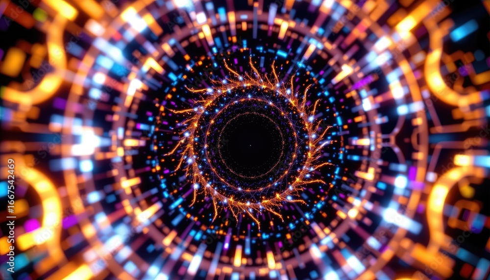 Poster abstract digital tunnel with vibrant light trails and glowing particles in circular design