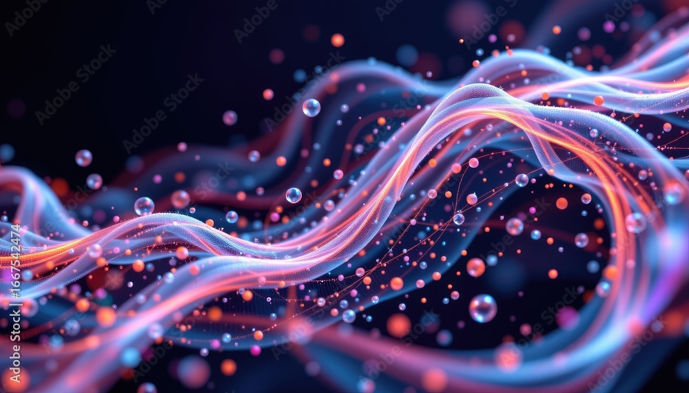 Poster abstract colorful flowing waves with bubbles in dark background creating dynamic visual effect