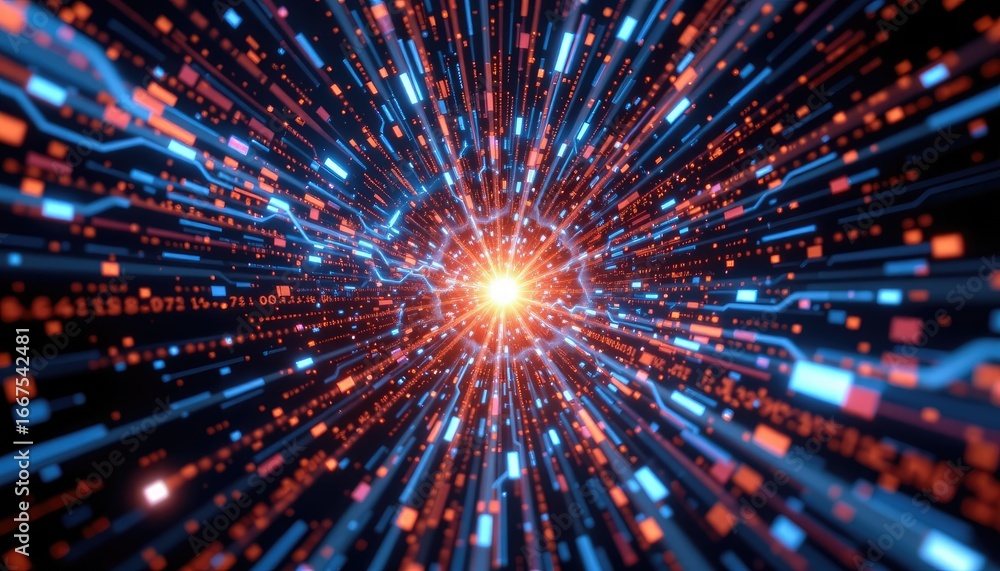 Poster dynamic abstract burst of light and color representing energy flow and digital data transfer in spac