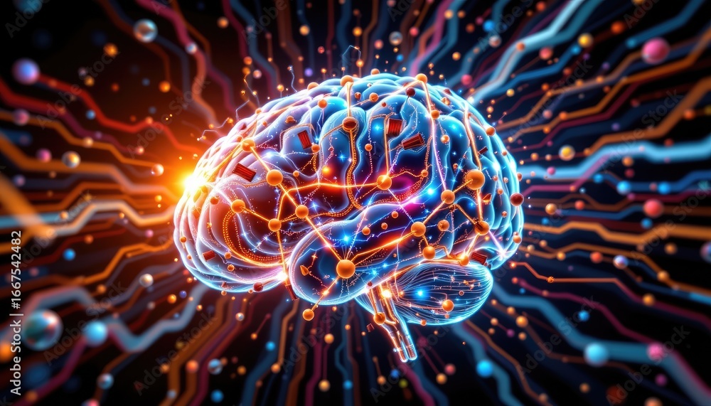 Poster colorful and abstract representation of a human brain with electric neural connections and data flow