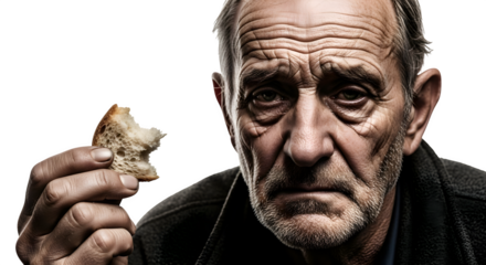Elderly man holding a piece of bread with a somber expression